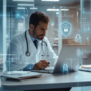 Doctor using computer mindful of cybersecurity