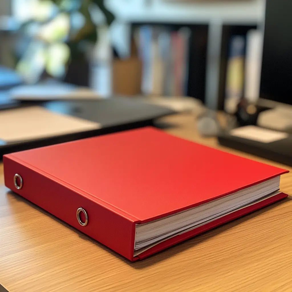Red 3-Ring Binder on Office Desk