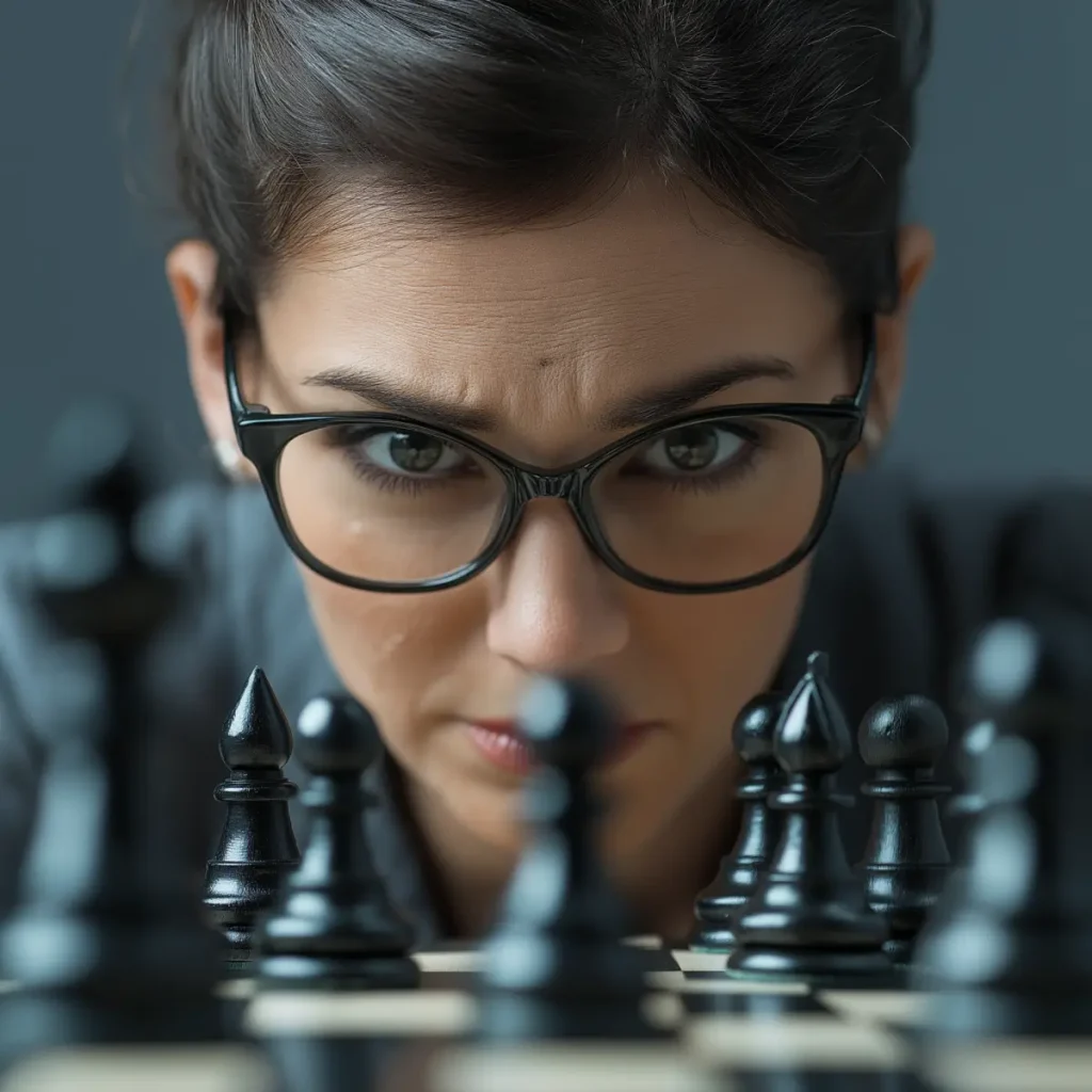 A woman wearing glasses intently analyzing a chessboard, symbolizing strategic thinking, focus, and decision-making in a professional context.