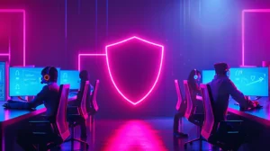 A futuristic office environment with IT professionals at computer workstations, glowing in neon blue and purple lighting, centered around a large digital pink shield icon symbolizing cybersecurity protection.