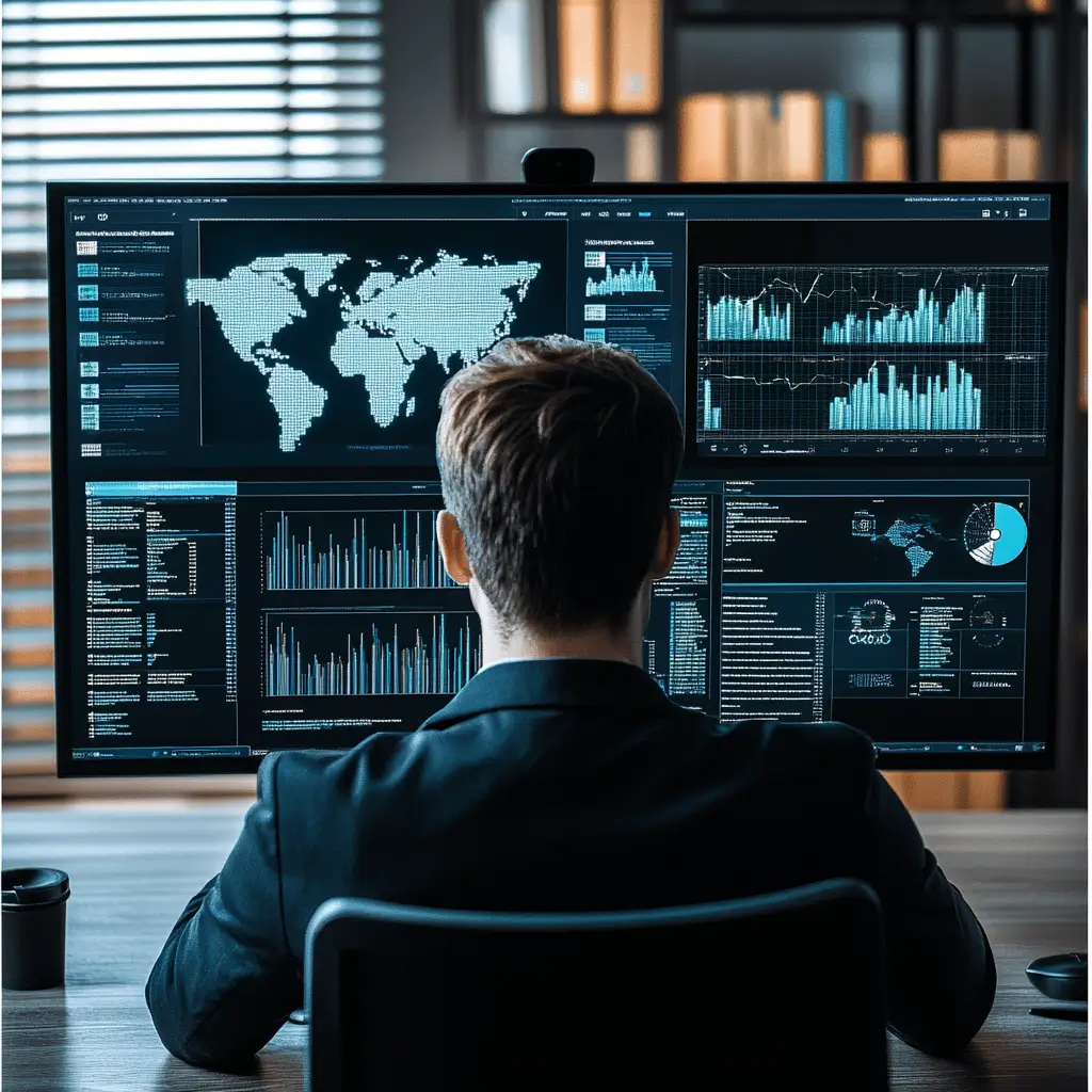 An IT security analyst reviewing a multi-screen cybersecurity dashboard displaying global threat data, system performance, and security metrics in a professional office setting.