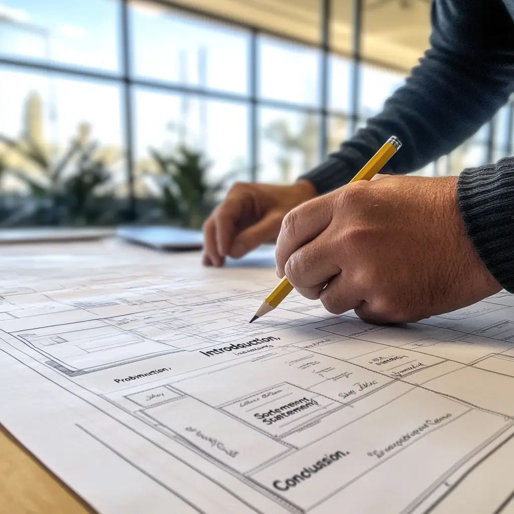 Close-up of a technician’s hands reviewing and marking up a detailed technical diagram or floor plan at a sunlit desk, symbolizing FFT’s meticulous approach to infrastructure planning.