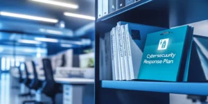 A close-up image of a row of labeled folders on a shelf in an FFT office, representing organized IT and cybersecurity documentation systems.