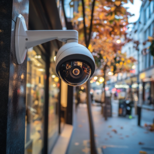 Close-up of a modern dome surveillance camera mounted on a building exterior, monitoring a well-lit urban street with shops and autumn trees.
