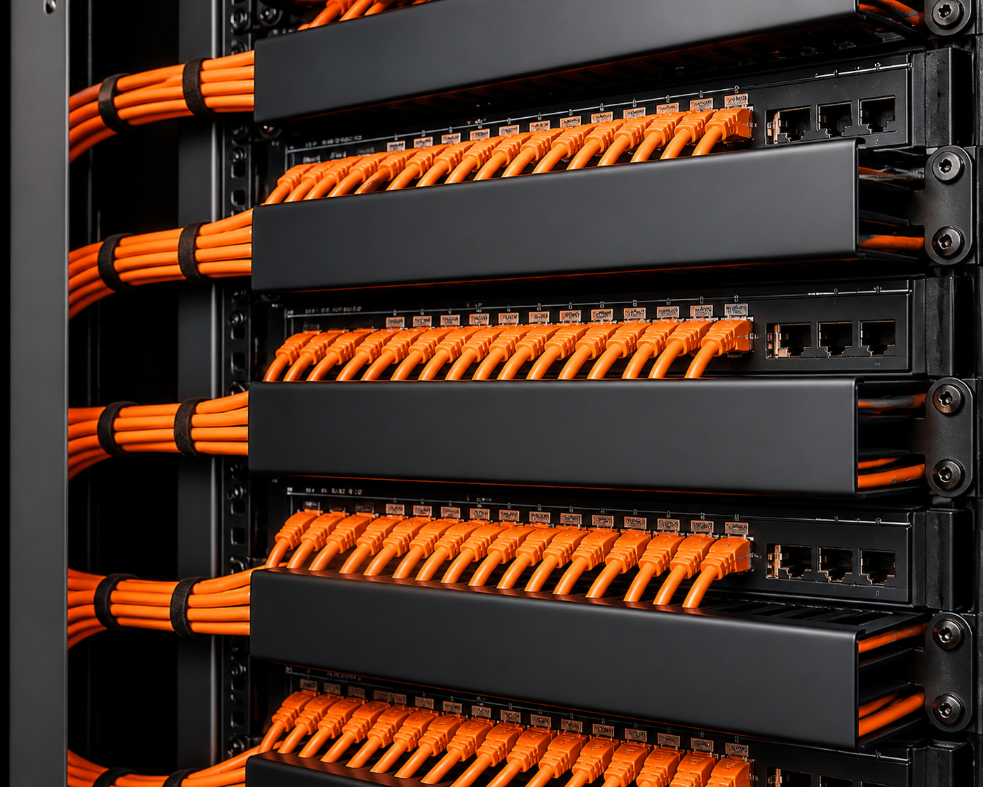 Network Cabling 7 Professionally organized orange Cat6 Ethernet patch cables connected to black commercial network patch panels